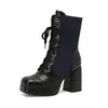 Botas de invierno y otoño transfronterizas de punta cuadrada con tacón alto hasta la mitad de la pantorrilla, con plataforma impermeable, tacón cuadrado, cremallera lateral, talla grande versátil, botas Martin para mujer con bloques de color