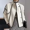 Chaqueta estilo europeo y americano, abrigo de lana de primavera con decoración de bolsillo, cuello alto, botones, blanco y negro, ropa de mujer transfronteriza de Amazon