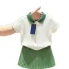Estilo Coreano Meninas 2026 Verão Novo Branco Malha Trançada Gola Polo Manga Curta Menininha Verde Saia Plissada Média