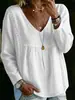 2026 Nueva Moda Femenina de Comercio Exterior Transfronterizo Jersey de Encaje con Cuello en V Color Sólido Casual Camisa de Manga Larga