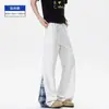 Pantalones casuales de cuadros patchwork estilo retro americano para hombre, corte holgado, pierna recta ligeramente acampanada, pants deportivos, longitud extendida para personas altas