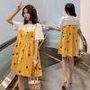Vestido de Maternidade, Falso Duas Peças, Solto, Tamanho Grande, Alça, Estampado, Manga Curta, Comprimento Médio, Floral, Emagrecedor