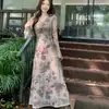Vestido Largo de Chifón Estampado con Nudo Retorcido y Cuello en V de Mangas Acampanadas para Mujer, Nuevo Estilo Otoño e Invierno, Elegante de Cintura Alta, Corte Ajustado, Línea A