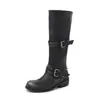 Botas efecto súper piel, botas altas largas para mujer, nuevo estilo otoño/invierno, punta redonda, con hebilla, botas de media pantorrilla desgastadas, botas de montar para mujer, talla 42