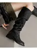 Botas femininas de cano alto estilo retrô, justas, acima do joelho, botas de montaria versáteis, salto grosso, cano largo, botas amassadas