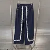 Primavera 2025 Elegantes Franceses Combinan con Todo Altos Azul Oscuro Con Borde de Oreja Encaje Jeans