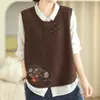 Colete Tricot Outono 2026 Cor Sólida Sem Mangas Pulôver Feminino Retrô Bordado Gola Redonda Ombro Botonizado Top