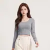 Também disponível para o Outono de 2026, camiseta básica feminina de manga longa e gola redonda, corte justo, modeladora, cor sólida, elástica, camiseta de camada interna, top para o trabalho
