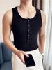 Chaleco de Punto Decorativo con Botones de Canalé de Lujo Ligero para Hombre, Ajustado, Elástico, Base, Sin Mangas, Sexy, Fitness, Cuello U, Camiseta