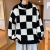 Suéter Xadrez Tabuleiro de Xadrez Masculino Outono e Inverno Estilo Coreano Solto Estilo Hong Kong BF Bonito Casual Gola Redonda Suéter Jaqueta de Casal