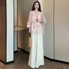 Nuevo conjunto de camisa retro estampado estilo chino para mujer, nueva colección primavera-verano 2026, camisa holgada talla grande y pantalones de pierna ancha