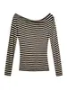 Camiseta listrada de manga longa ombro a ombro estilo coreano para mulheres, novo modelo 2026, design que afina a cintura, slim fit de nicho, blusa da moda