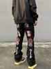 Pantalones de mezclilla rectos acampanados para hombre, estilo callejero americano, bordado de calavera de llamas, pantalones guapos de calle frita