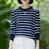 26 Verão Novo Estilo Seda de Gelo Listrado Gola Redonda Fino Color Block Manga Longa Versátil Fashionável Solto Casual Malha Top para Mulheres