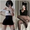 Bódega borracha ropa interior sexy tirante con volantes hombros descubiertos falda a la cadera traje de pasión secretaria uniforme de club nocturno tentación Sao