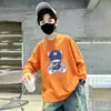 Camiseta casual de algodão puro com manga longa estilo coreano para meninos, com estampa de desenho animado, top infantil confortável para primavera e outono