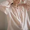 Camisa feminina de manga longa para primavera com gola franzida e laço, top rosa elegante e estiloso estilo francês
