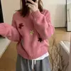 Senso de Design Flor Bordada Tridimensional Mangas Raglan Relaxadas Slimming Solto Versátil Gola Redonda Manga Longa Suéter de Malha Suéter Feminino