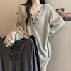 Camiseta de Manga Larga de Canalé con Cuello en V de Longitud Media para Mujer, Diseño Tallas Grandes, Nuevo Estilo Otoño e Invierno, Top Holgado y Adelgazante para Figuras Curvilíneas