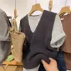 Chaleco Tejido de Lana 100% Nuevo Estilo Coreano con Cuello en V para Mujer Otoño e Invierno Chaleco Exterior de Cachemira Chaleco sin Mangas Top para Superponer