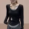 Algodón puro, diseño de dos piezas simulado, camiseta interior de manga larga para mujer, nueva colección otoño 2026, ajustada y estilizada, estilo pullover, negro