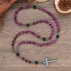 Collar con Colgante de Cruz para Hombre Europeo y Americano Piedra de Ojo de Tigre Obsidiana Cuentas Redondas Cadena Larga Cruz de Hematita Cruz de Rosario