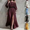 Vestido Longo Feminino Europeu e Americano Amazon 2026 de Um Ombro Barra Larga Cinto Fenda Outono Nova Chegada com Cinto