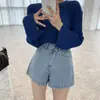 Shorts de Mezclilla de Pierna Ancha para Mujer, Diseño Versátil Coreano de Nicho con Botones Irregulares, Pantalones de Cintura Alta de Corte A que Hacen que las Piernas Parezcan Más Largas