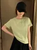 Ying+ Treze Linhas Cor Sólida Simples Manga Rebatível Floco de Neve Algodão Camiseta Gola Redonda Emagrecedora Versátil Manga Curta M36-445 Versão Lisa