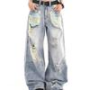 Jeans Americanos Retro Lavados Rotos para Hombres y Mujeres, Pantalones de Moda de Pierna Ancha Sueltos Adelgazantes Hasta el Piso