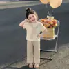 Conjunto para Meninas 2026 Verão Novo Xale Listrado Infantil Manga Curta Menina Bebê Calça Longa Listrada Estilosa Conjunto de Duas Peças