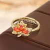 Anillo de Hoja de Arce con Circonita Roja de Nuevo Estilo Transfronterizo para Mujer, Lujo Ligero, Dulce y Único, Gama Alta, Exquisito, Anillo Abierto Versátil