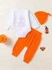 Traje de Halloween de Calabaza Infantil Procesado y Personalizado para Niños y Niñas, Conjunto de Tres Piezas de Túnica de Manga Larga, Sombrero y Pantalones