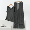 Roupa de casa emagrecedora plus size sem sutiã, regata esportiva listrada solta de modal para o verão e calça comprida listrada fina