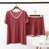 Roupas de Casa de Verão para Mulheres Conjunto Esportivo Casual Pijama de Manga Curta Camiseta de Modal Contraste de Cores Roupa Externa Conjunto de Duas Peças da Moda