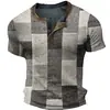 Camiseta retro de botão com meia-malha transpassada transfronteiriça, top pullover Henley casual de manga curta com estampa 3D slim fit para homens