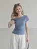 Top de Hombros Descubiertos Estilo Coreano de Verano LiLvi, Blusa Azul de Puntos de Manga Corta Ajustada