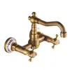 Grifo de pared de cobre antiguo estilo europeo para lavabo, doble agujero, giratorio, para bañera de barril de madera, grifo negro antiguo de agua caliente y fría