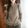 Cardigan de Lã Pura com Tricô Grosso Feminino com Zíper Duplo Estilo Preguiçoso Solto Gola Alta Meia Manga Casaco Suéter Outono Inverno