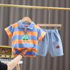 Ropa para niños verano nuevo niños y niñas solapa T sangre manga corta traje bebé Denim corto conjunto de dos piezas venta al por mayor de fábrica