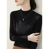 Camisa de Base Malha Fina Texturizada Cinza Meia-Gola para Mulheres 2025 Novo Outono e Inverno Suéter Super Bonito