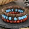 Pulsera de Cuentas Estilo Bohemio Perla Sintética Cristal Madera Set Multicapa Apilable Elástica para Hombres