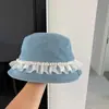 Sombrero de Pescador de Mezclilla con Cinta de Encaje de Perlas de Hada Súper Nuevo para Mujer Otoño Sombrero de Cubo Simple Versátil Sombrero de Pescador Moderno