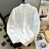 Tendência de moda 2026 camisa azul de manga comprida para homens, outono, única e de nicho, roupas masculinas de alta qualidade, camisa com gola alta desconstruída