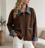 Estación Europea 2026 Otoño/Invierno Patchwork de Mezclilla Solapa Cremallera Bloque de Color Tejido Cárdigan Suéter Abrigo Holgado Versátil para Mujer