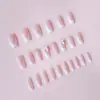 Unhas Postiças Rosa de Comprimento Médio com Laço Francês em V e Strass, Nail Art com Flores Secas Estilo Comércio Exterior