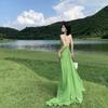 Diseño de Pastizal de Xinjiang Sichuan Vestido de Tirantes de Gasa Ligeramente Transparente con Cuello de Balancín Verde Espalda Descubierta Hermoso Vestido Largo de Vacaciones