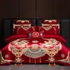 Juego de cuatro piezas para boda, todo algodón, festivo, diseño de dragón y fénix, ropa de cama de algodón puro para bodas, recién casados y parejas recién casadas, con una funda de edredón rojo brillante