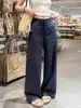 Pantalones de lino Tencel azul marino para mujer, nuevo estilo verano 2025, talla petite, corte holgado, pantalones casuales de pierna ancha en un estilo relajado tipo boyfriend