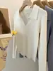 Suéter de malha cinza estilo francês com gola polo para mulheres, peça base de outono, suéter fino, top vintage com gola virada